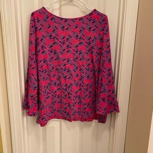 Fresh Produce Kira Pink Blue Geometric Stretch Top Bell Sleeves cotton blend
